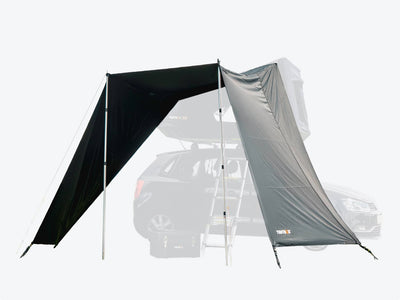 Car with a TentBox GO and Tunnel Awning set up on a white background - Accessories