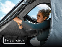 Person attaching the TentBox GO Thermal Kit with text that reads 'Easy to attach' against a blue sky.